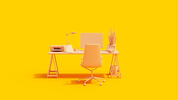 istock Office Setup Studio Desk Work From Home Self Employed Flesh Tones Yellow Front View Background 2207132388