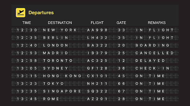 istock Airport Flight Information Board: Departures, Destination, Flight, Time, Gate, Remarks and Boarding Status (Inflight, Cancelled, Delayed, Check-In, On Time) 2207132857