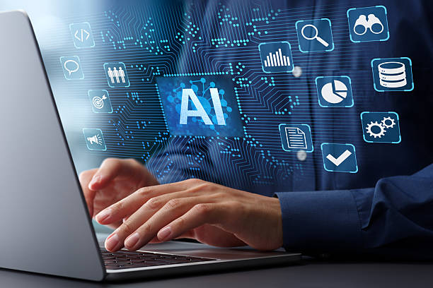 Generative AI analyzing business data automatically. Intelligent automation technology. Artificial intelligence icon and electronic circuit. stock photo