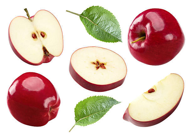 istock red apples with green leaves isolated on white background. clipping path 2207142312