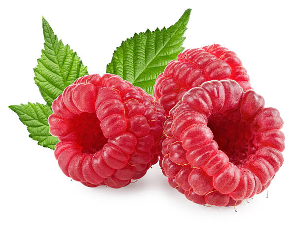 istock ripe raspberries with green leaves isolated on white background. clipping path 2207142589