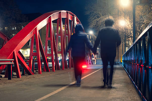 Kossuth Bridge in Győr shines with elegant illumination against a dark night sky. The bridge's intricate metal arches and streetlights create a captivating scene, with reflections shimmering on the water below.