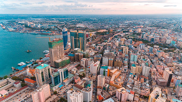 Stunning drone shot showcasing Kariakoo and downtown Dar es Salaam.