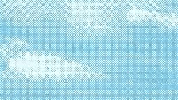 Blue halftone gradient pattern. Retro comic book background with white clouds against blue sky. Abstract blue background. Vector illustration.