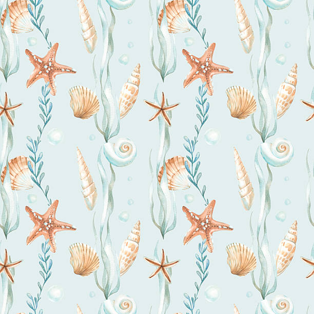 istock Seashells and seaweed seamless watercolor pattern. Hand drawn ornament with starfish, bubbles, underwater plants and shells. Template for textile design, label, fabric and wallpaper. 2207150042