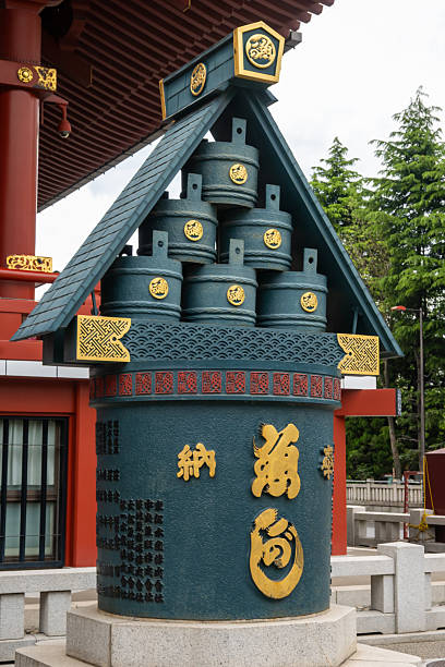 Tokyo, Japan - April 29, 2024: Monument at Senso-ji temple, featuring tiered bronze buckets under a triangular roof on top of a water well
