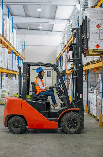 istock Female warehouse worker operating forklift in industrial storage facility. 2207151273
