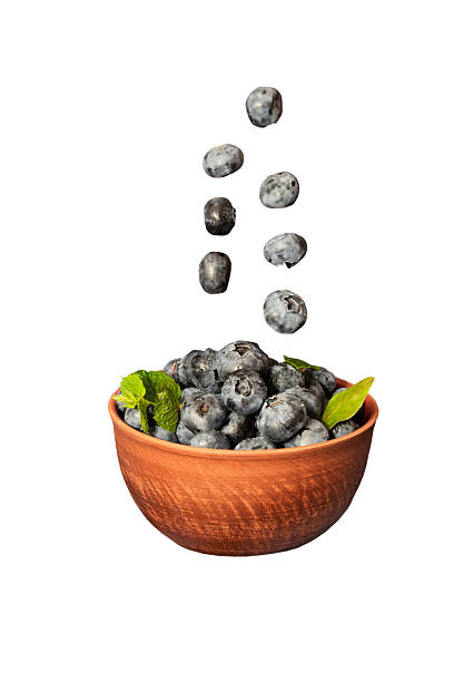 istock Blueberries in a ceramic bowl isolated on white background. Dark blue, ripe, raw berries with mint leaves 2207157469