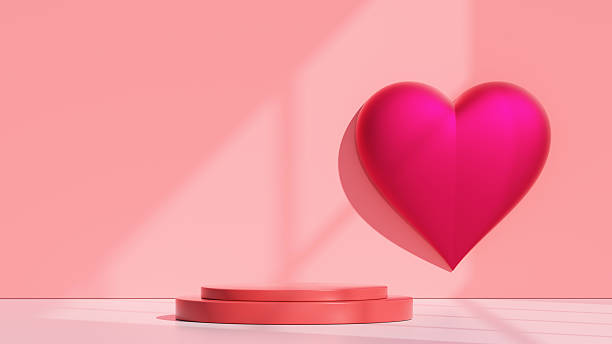 Explore a pink heart podium design featuring a 3D composition with a red heart against a soft pink background. This romantic design is perfect for beauty, fashion, or romantic projects, ideal for creating a captivating digital display or marketing campaign.