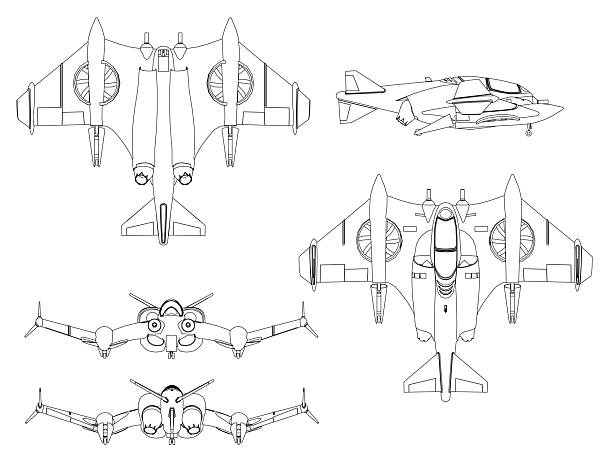 istock A drawing of a Combat fighter with a wing on the side. The plane is shown in different angles 2207160770