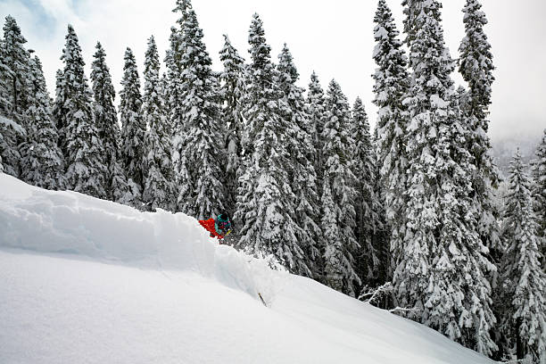 istock Skier descends mountain in fresh powder snow 2207161869