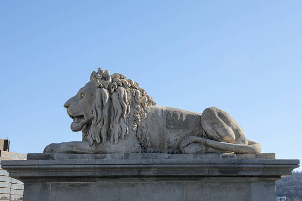 Lion statue of the famous Chain Bridge at Budapest city