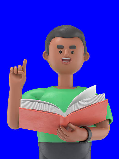 3D illustration of handsome afro man David with reading a book.Blue Screen Mockup.3D rendering on Blue Screen for footage and clipping path.