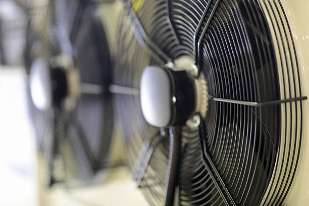 Fans of industrial air conditioning system closeup. Selective focus.