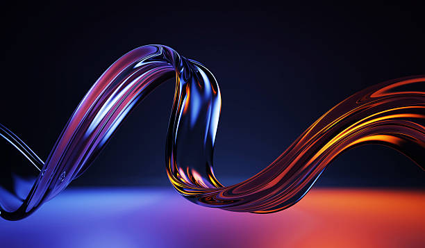 istock 3d abstract liquid glass ribbon wave line with neon light on dark background. Fluid flow curve shape with blue pink yellow holographic gradient and light reflection on glossy floor 2207177124