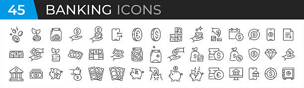 stockillustraties, clipart, cartoons en iconen met money, coins and finances thin line icon set. outline symbol collection. editable vector stroke. pixel perfect scalable vector 10 eps. - geld