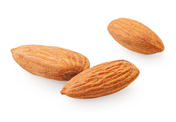 Three Almond nut seeds  isolated on white background. Whole brown peeled almond nuts macro