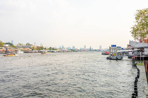 Bangkok, THAILAND - February 20, 2025: View Chao Phraya Express Boat or River Transportation From Wang Lang Pier on Chao Phraya River this is very famous for tourist to travel, Thailand.