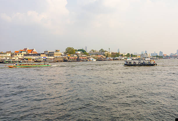 Bangkok, THAILAND - February 20, 2025: View Chao Phraya Express Boat or River Transportation From Wang Lang Pier on Chao Phraya River this is very famous for tourist to travel, Thailand.