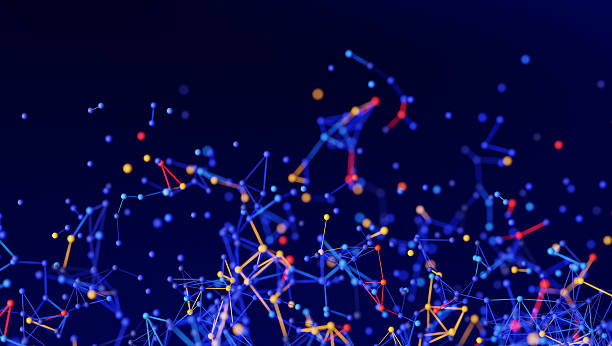 istock Complex 3D render of an abstract network with interconnected dots and lines on a dark blue technology background, illustrating data and connection structures. 3D render. 2207194101