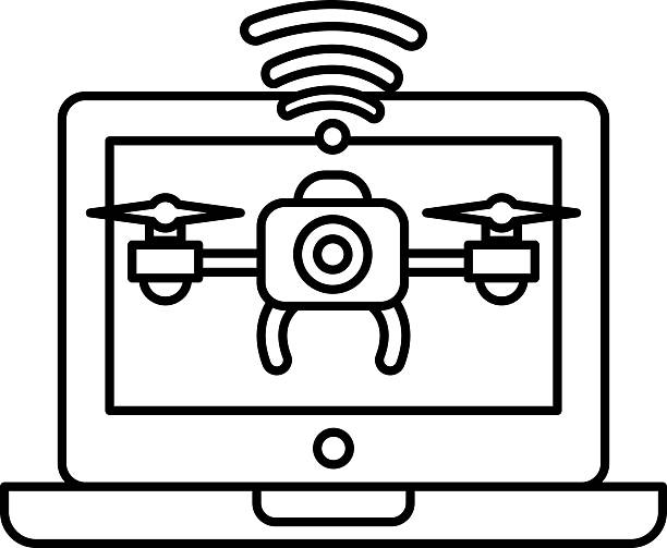 A black and white drawing of a drone with a camera on it A black and white drawing of a drone with a camera on it. The drone is hovering over a laptop computer laptop hover stock illustrations