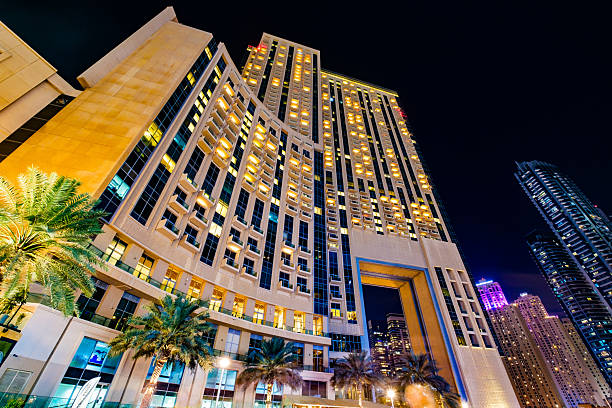 Dubai, UAE  october 25, 2024: JW Marriott Hotel Marina at night, bottom view