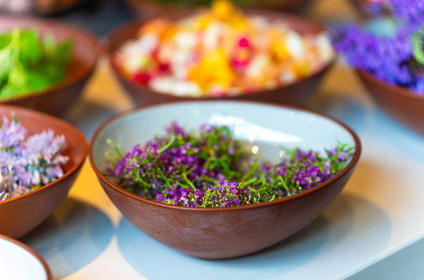 Bowl of Fresh Purple Herbs for Culinary Use