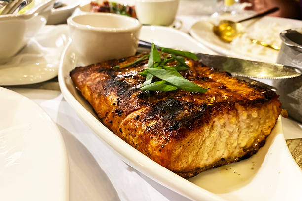 tuna steak on a table in a restaurant
