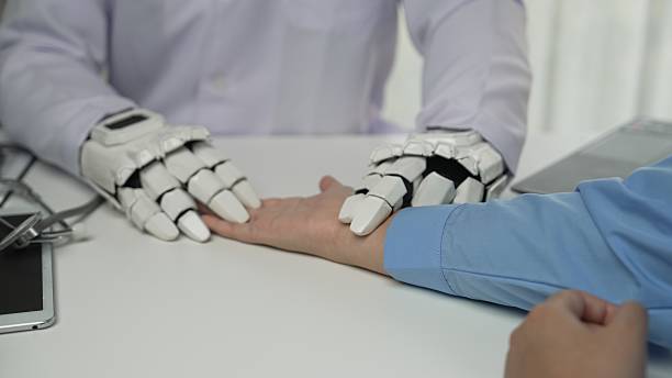 istock Advanced Robotic Hand Examining Human Arm in Medical Technology Setting 2207209030