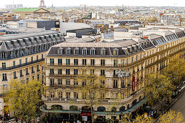 Beautiful aerial views of the city center of Paris from the Galleries Lafayette in April 2024