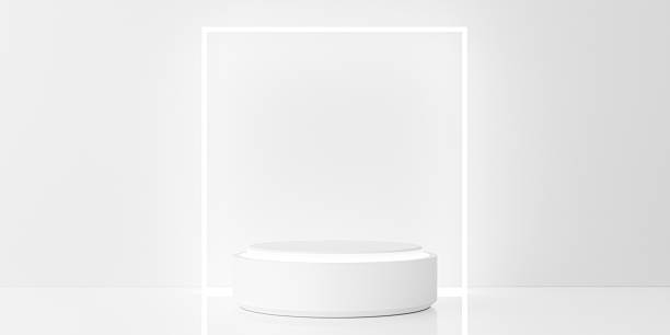 istock Minimal white podium with glowing frame on clean background, ideal for product display or branding concept. 3d rendering. 2207210786