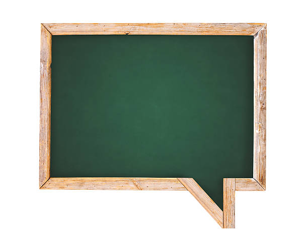 istock Comic speech bubble shaped advertising billboard with green chalkboard in wood frame. Cafe menu, pointer board for writing information. Isolated on white. Vintage blank restaurant menu blackboard sign 2207210857