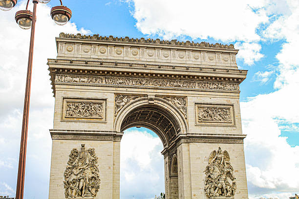 view of the Arc de Triomphe, the monument is one of the great landmarks of the metropolis of Paris, and the Place Charles de Gaulle under a clear sky with partial clouds. 06/05/2022 - Place Charles de Gaulle, 75008 Paris, France