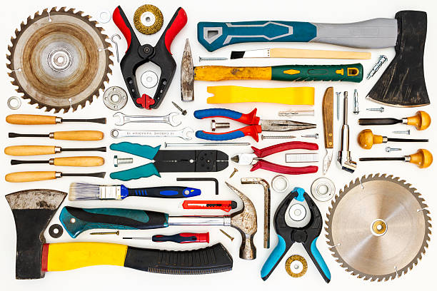 istock Flat lay of new and used hand tools on white background. 2207211656