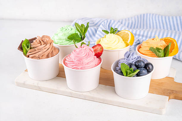 Frozen yogurt assortment. Soft creamy ice cream cups