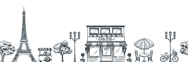 Paris old town street seamless horizontal background. Vector sketch illustration of cafe, shop or bakery building, table with umbrella, trees, Eiffel tower. Travel to France design elements