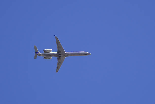 White airplane with extended landing gear preparing to land at the airport against the blue sky