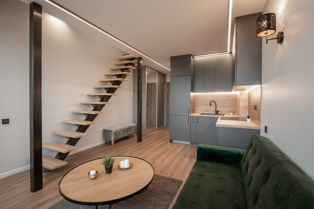 istock Modern Loft Home Apartment Interior with Open Concept and Minimalist Staircase Design 2207231219