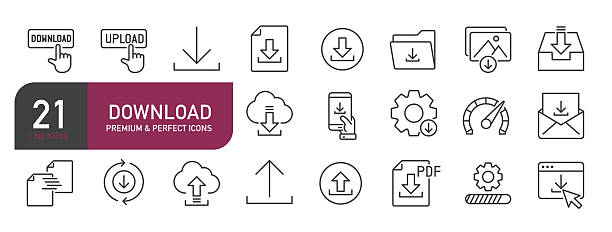 bildbanksillustrationer, clip art samt tecknat material och ikoner med set of line icons related to download, upload. outline icons collection. editable stroke. vector illustration - nedladdning