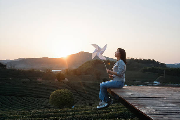 woman is holding a windmill under the setting sun