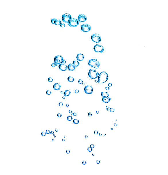istock Close-up of blue bubbles underwater, white background. Underwater oxygen design concept. 2207276662