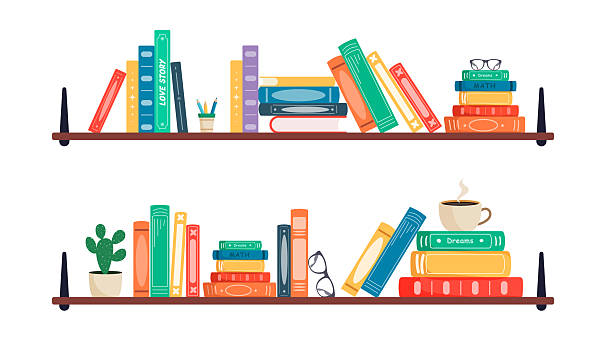 ilustraciones, imágenes clip art, dibujos animados e iconos de stock de estantería de libros biblioteca escolar conjunto de imágenes prediseñadas. estanterías de libros para niños biblioteca en casa con cuentos de ficción para niños, novela, literatura - estantería de libros