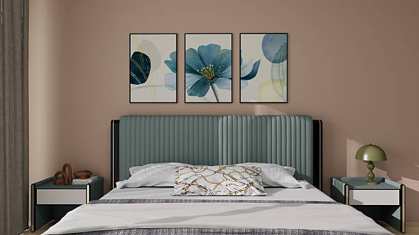 istock Luxurious apartment background with contemporary design. Modern interior design featuring a cozy bed with pillows, bedside tables with lamps. 2207280027