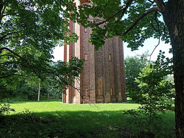 A tall brick tower surrounded by green trees and grass. The tower has narrow windows and is made of red brick. The tree branches create shadows on the grass, and sunlight shines through the foliage. Other trees and a clear sky are visible in the background.