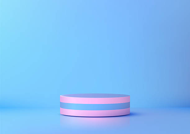istock 3D pink blue striped cylindrical podium mockup, minimal product display stand on light blue backdrop, modern showcase 2207292258