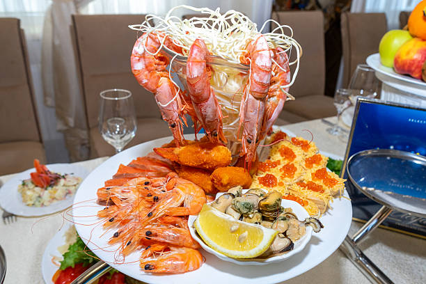 A table served with seafood in a restaurant.