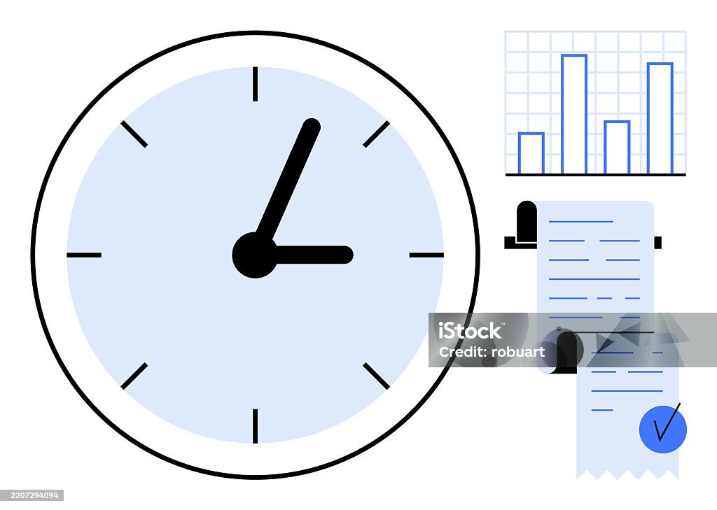 Time Graph Clock In Clock Bar Chart And Receipt With Checkmark Illustrating Time Management ...