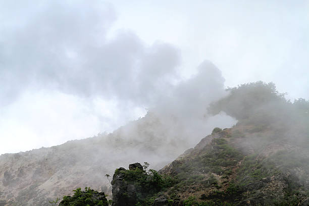 Nagasaki, Japan - May 1, 2019 : landscape view of hell hot springs at Unzen Onsen.