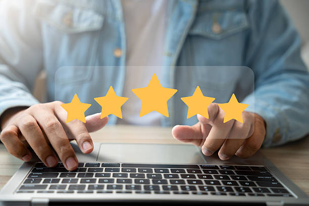 istock Experience excellent customer service, User give five star rating on online application, Positive feedback, Happy, Smiley face icon. Customer Reviews in Digital Survey, Satisfaction. 2207305130