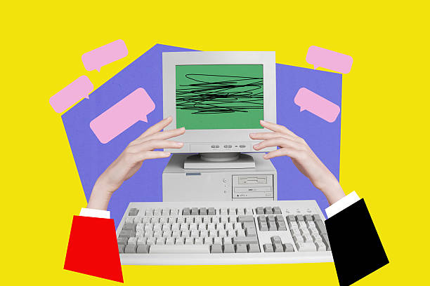istock Poster image collage of hands working using computer talking on yellow color background 2207309715